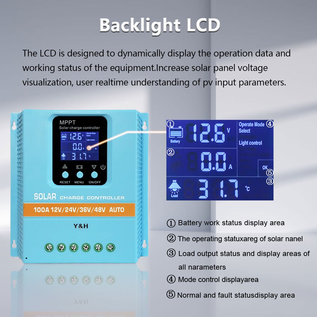Y&H MPPT 100A Solar Charge Controller 12V 24V 36V48V LCD Display Solar Panel Battery Intelligent Regulator for Lead-acid/Lithium