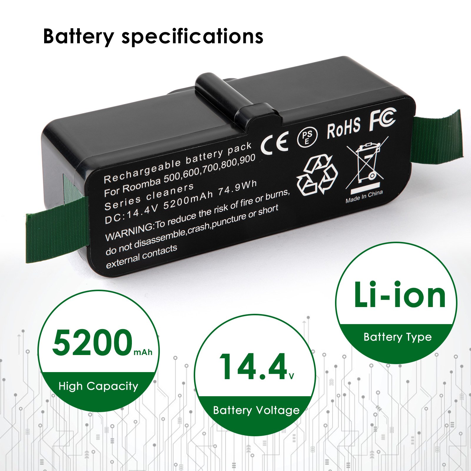 For iRobot Roomba Battery 5.2Ah 14V Compatible for iRobot Roomba 900/800/700/600/500 Series Lithium Ion Battery