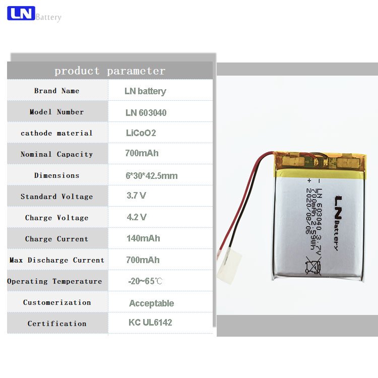 KC UL6142 High Rate C-rate Power Rechargeable LN603040 700mAh 3.7v lithium polymer battery
