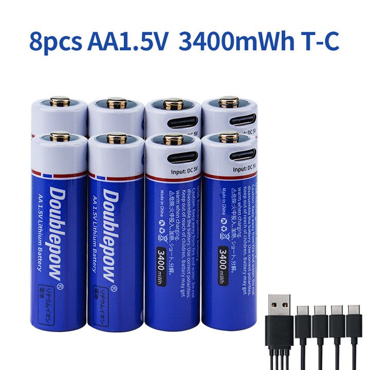 Doublepow USB Type C 1.5V Lithium Ion Battery 3400mwh 2400mwh 1000mwh AA Rechargeable 1.5V Li-Ion Battery