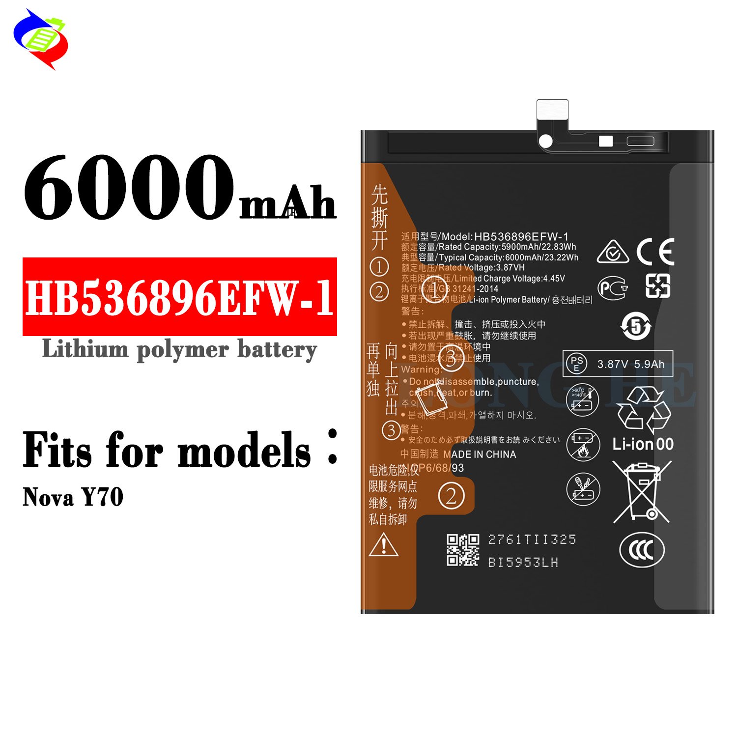 OEM New battery HB536896EFW-1 for Huawei NOVA Y70 6000mAh brand new 0 cycle
