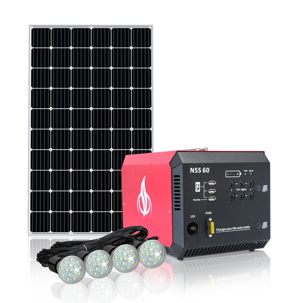 Ground Mounted PAYG 60W Solar Lighting System with USB Output Mono Panel DC TV LED off-grid Solar System Kit for Home Appliances