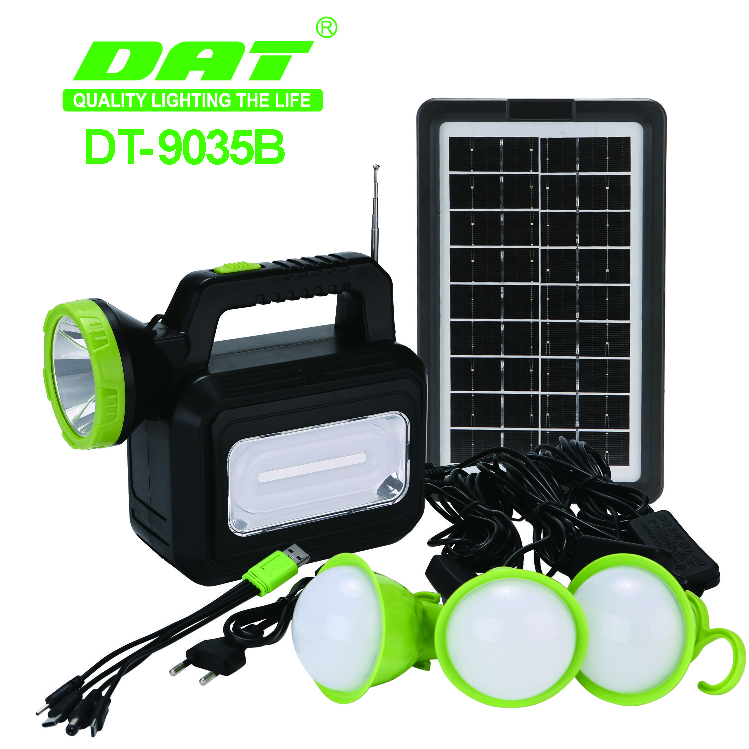 DT-9035B DAT Solar power lighting system kits with FM radio 6v3.5w power bank with USB and led light solar lighting syst
