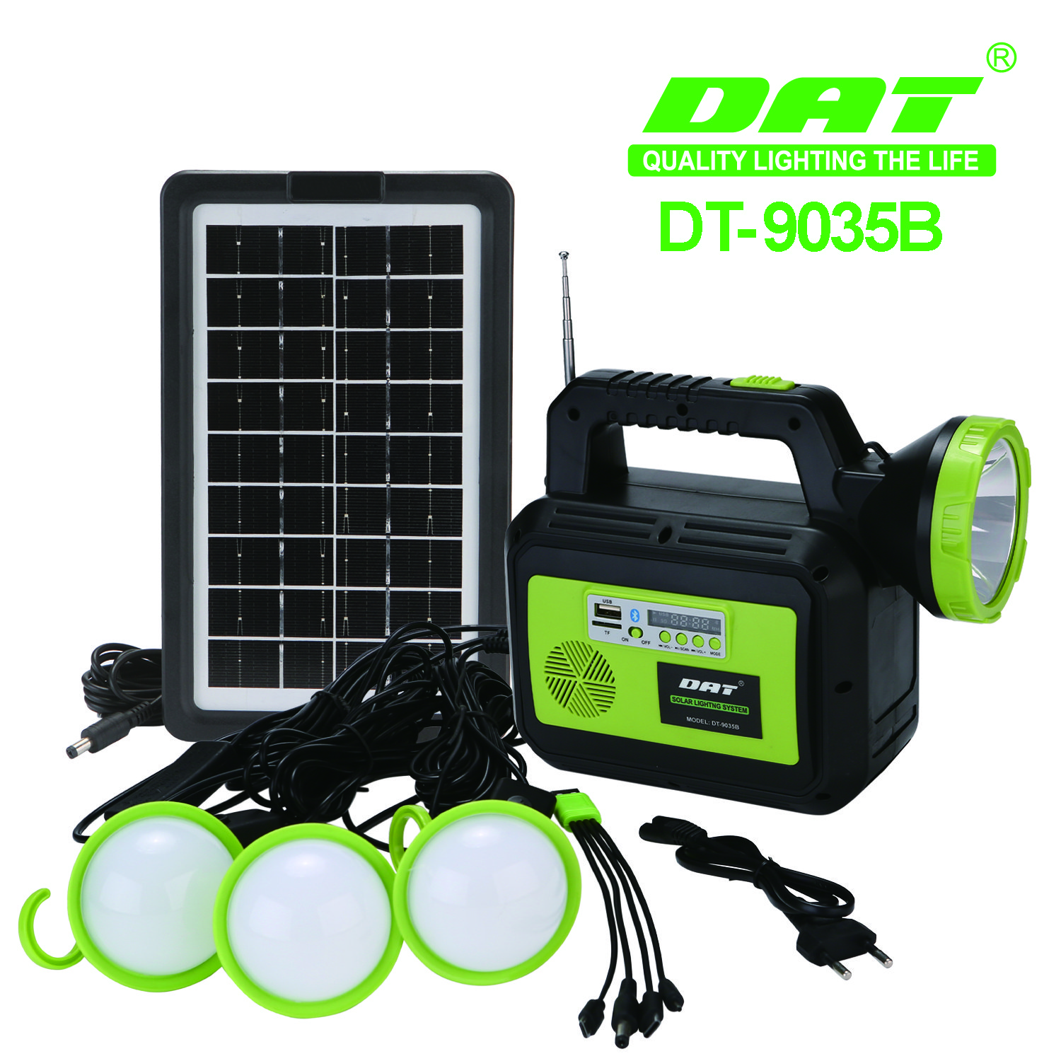 DT-9035B DAT Solar power lighting system kits with FM radio 6v3.5w power bank with USB and led light solar lighting syst