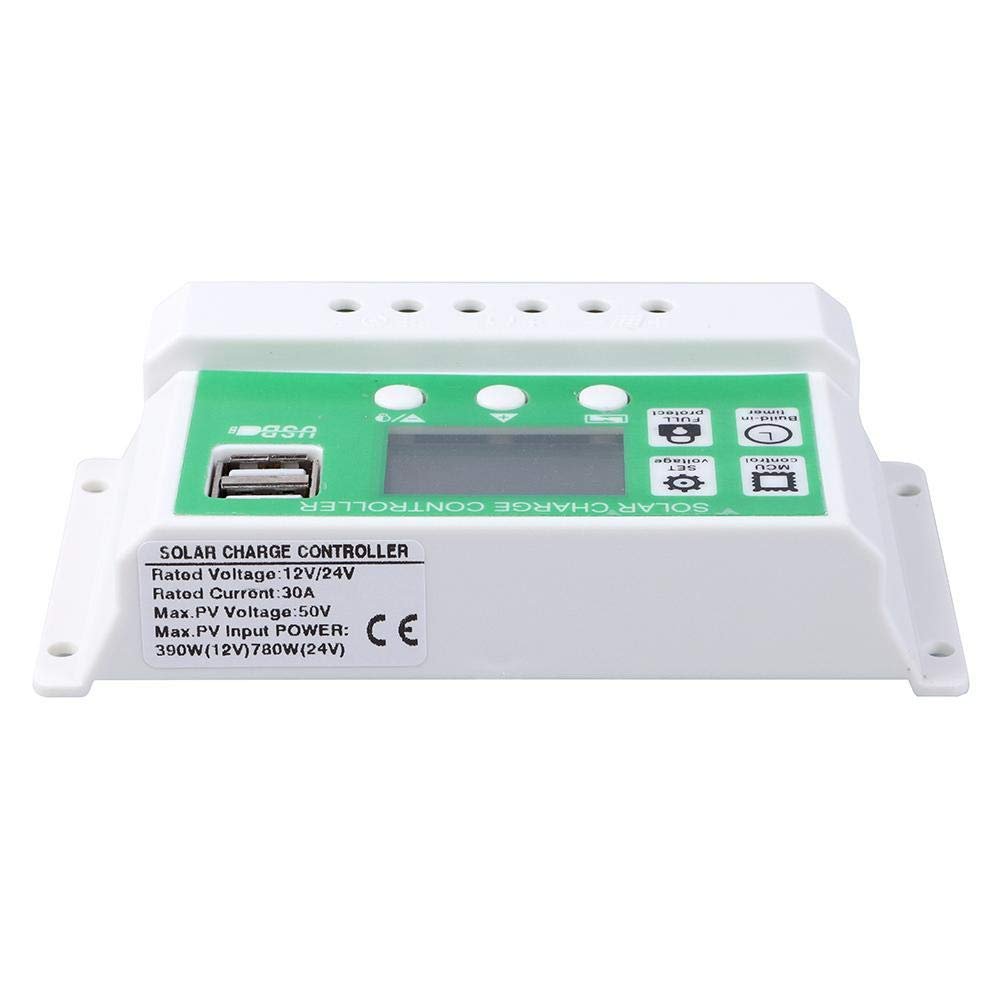 Y&H PWM 30A Solar Panel Charge Controller for 12V 24V Lead Acid/Lithium Battery with Dual USB Backlight LCD Display