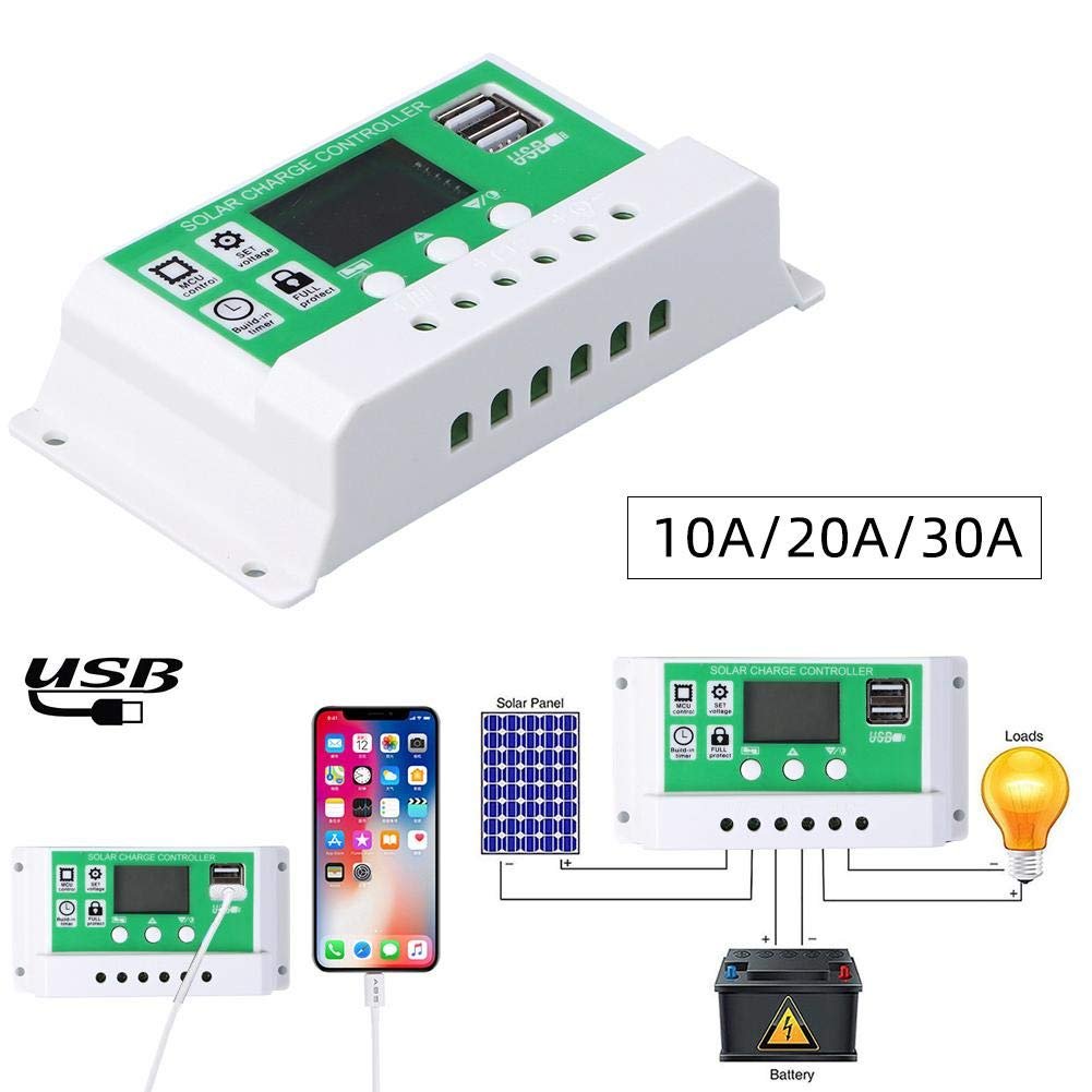 Y&H PWM 30A Solar Panel Charge Controller for 12V 24V Lead Acid/Lithium Battery with Dual USB Backlight LCD Display