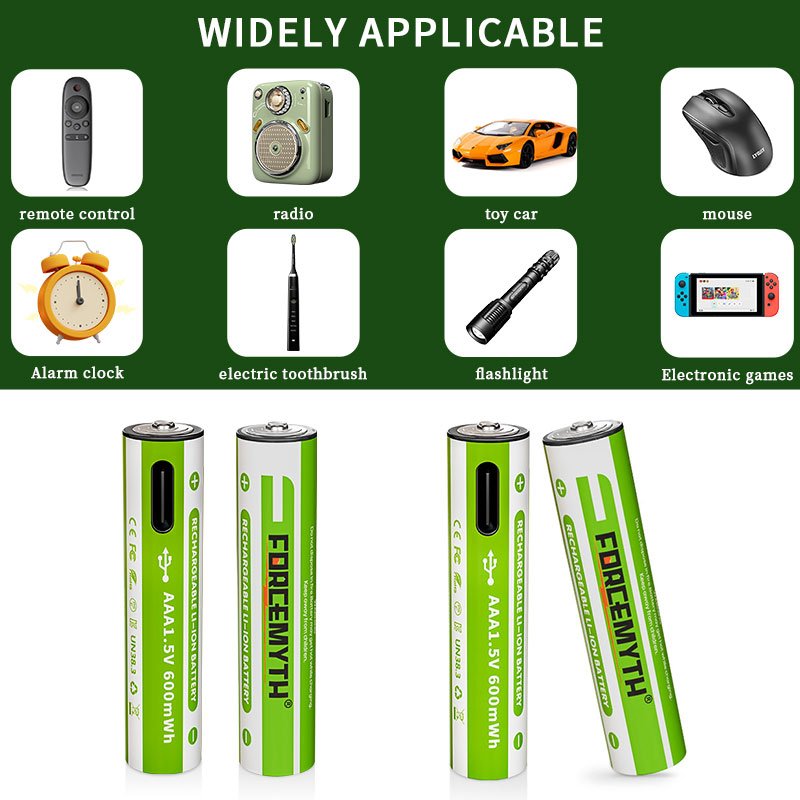 High capacity aaa rechargeable Li-ion battery 1.5V USB Type-C 600mWh 1000mWh can be used for toy LED lamps OEM ODM customization