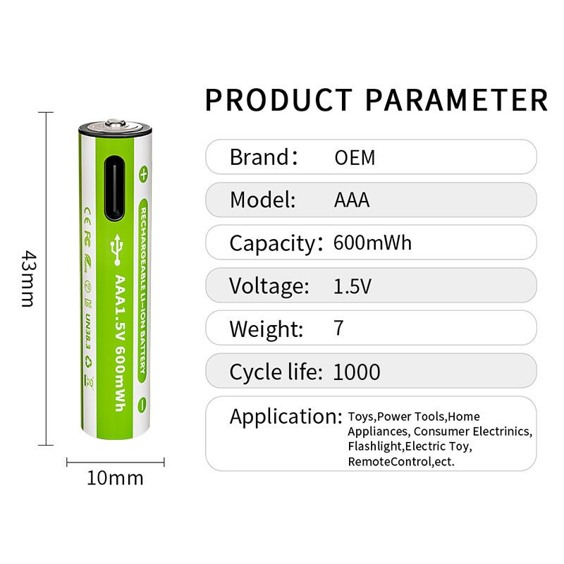 High capacity aaa rechargeable Li-ion battery 1.5V USB Type-C 600mWh 1000mWh can be used for toy LED lamps OEM ODM customization