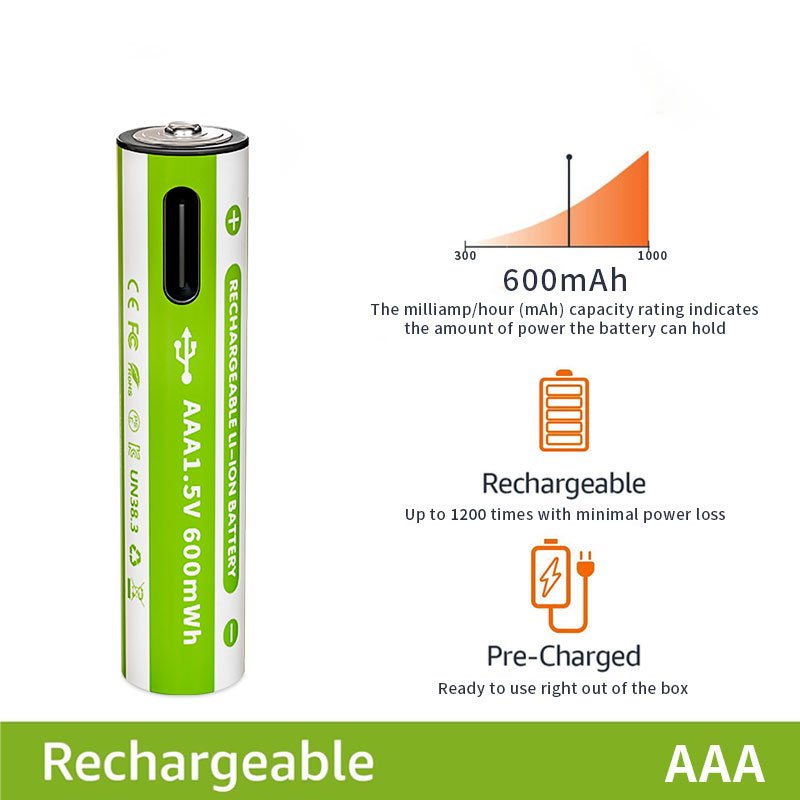 High capacity aaa rechargeable Li-ion battery 1.5V USB Type-C 600mWh 1000mWh can be used for toy LED lamps OEM ODM customization