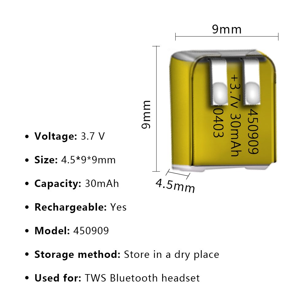 3.7v 30mah 450909 Rechargeable Lipo Lithium Polymer Battery 450909 For Wireless Earphone Speaker Smart Wear