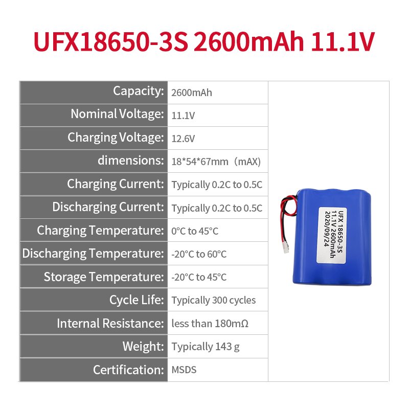 Professional Polymer Lithium-ion Cell Manufacturer Custom Drone Rechargeable Li-ion Battery UFX 18650-3S 2600mAh 11.1V High Qual