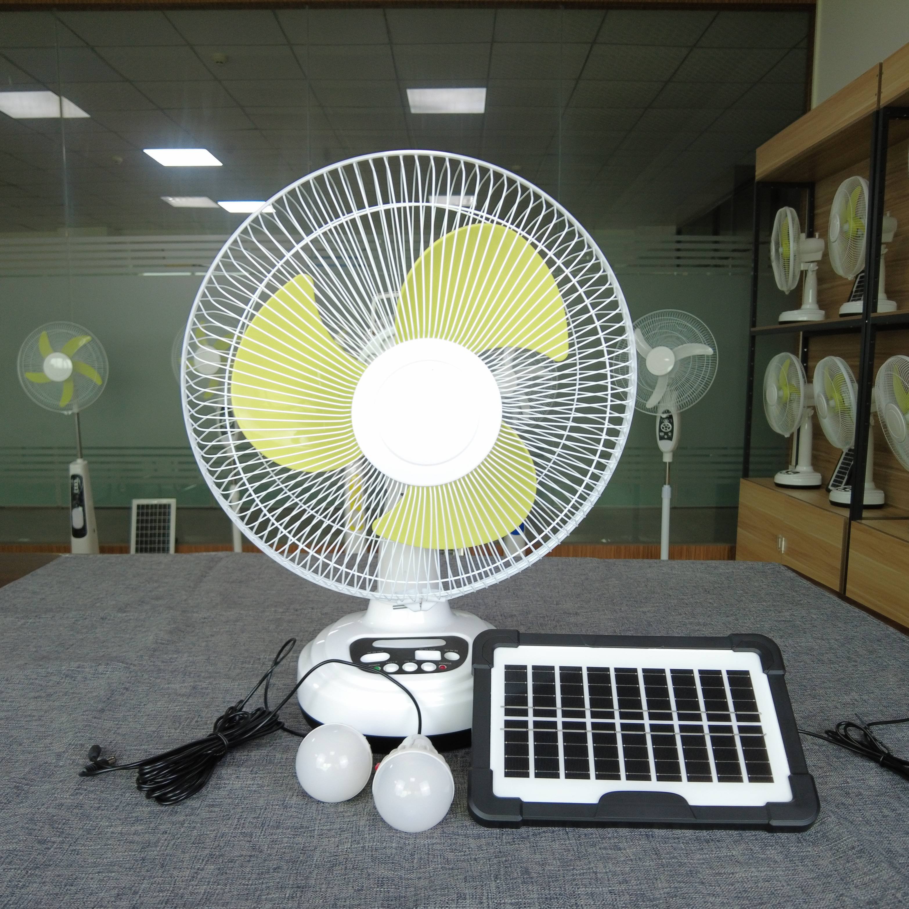 AC/DC 14 Inch Solar Table Fan Rechargeable Desk Fan With LED Light Bulbs Battery Solar Panel 3 Speeds Timer OF14 For Fishing