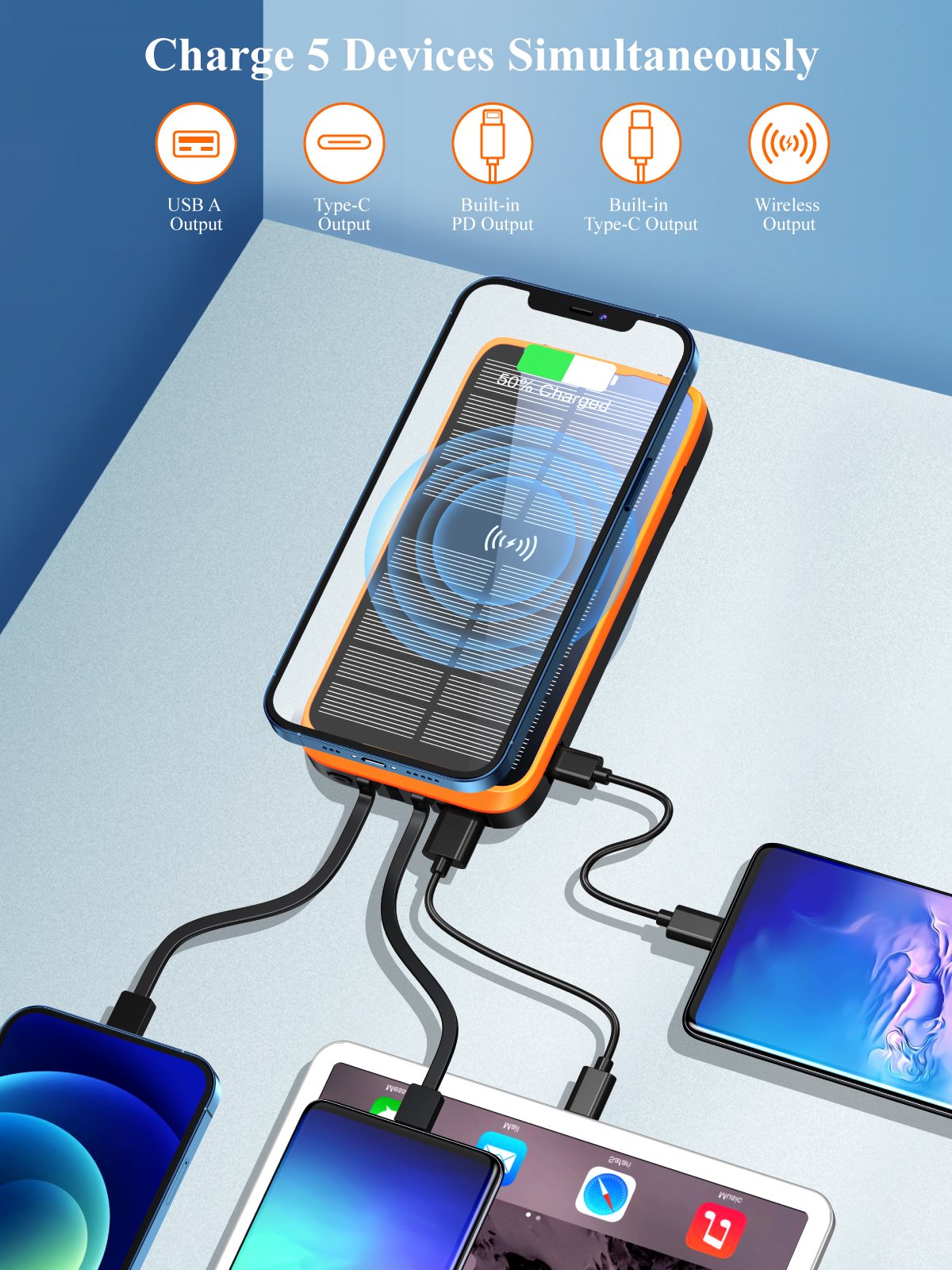 New Solar Power Banks Mobile Phone Portable Powerbank 30000mAh 3 USB Cables High Capacity Waterproof Charger Solar Power bank