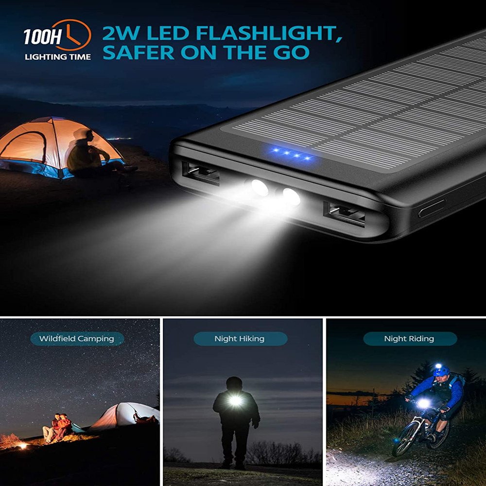 Huge Capacity Rechargeable Battery USB C Port Mobile Dual LED Solar Power Bank