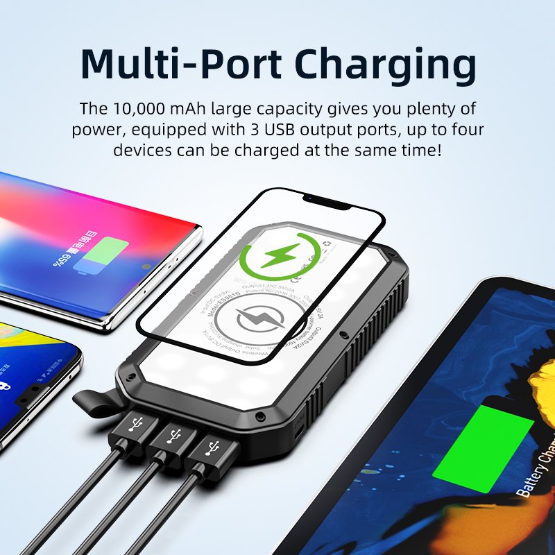 LED Camping Light Solar Power Bank 10000mAh Rechargeable Battery Portable Charger Outdoor