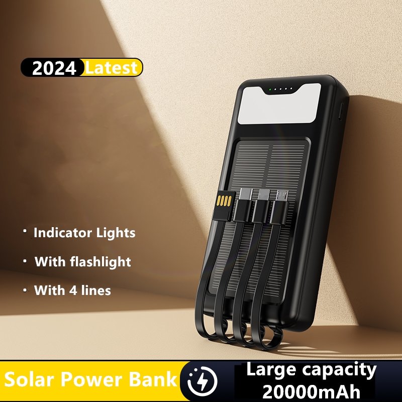 High Quality Solar Power Bank 20000 mAh Built-in cable Solar Charger 20000mah Powerbank With Flashlight