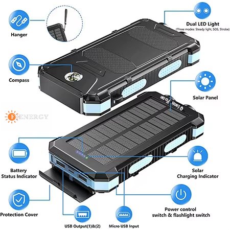 Solar Power Bank Dual Usb Power Bank 10000MAH 20000mah Waterproof Battery Charger External Portable Solar Panel With Led Light