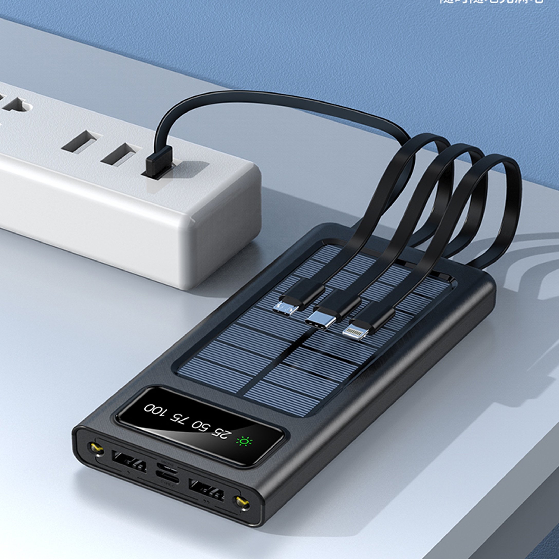 New Design Custom Solar Power Bank External Battery Solar Power Bank Portable Solar Charger with Four Built-in Cables
