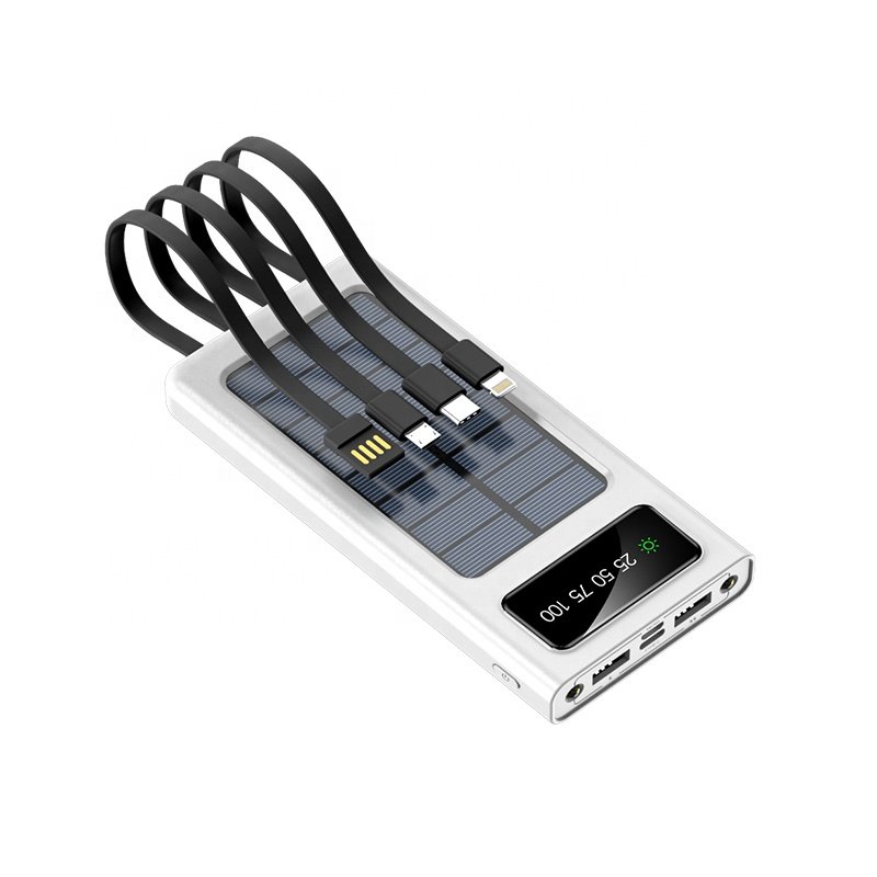 New Design Custom Solar Power Bank External Battery Solar Power Bank Portable Solar Charger with Four Built-in Cables