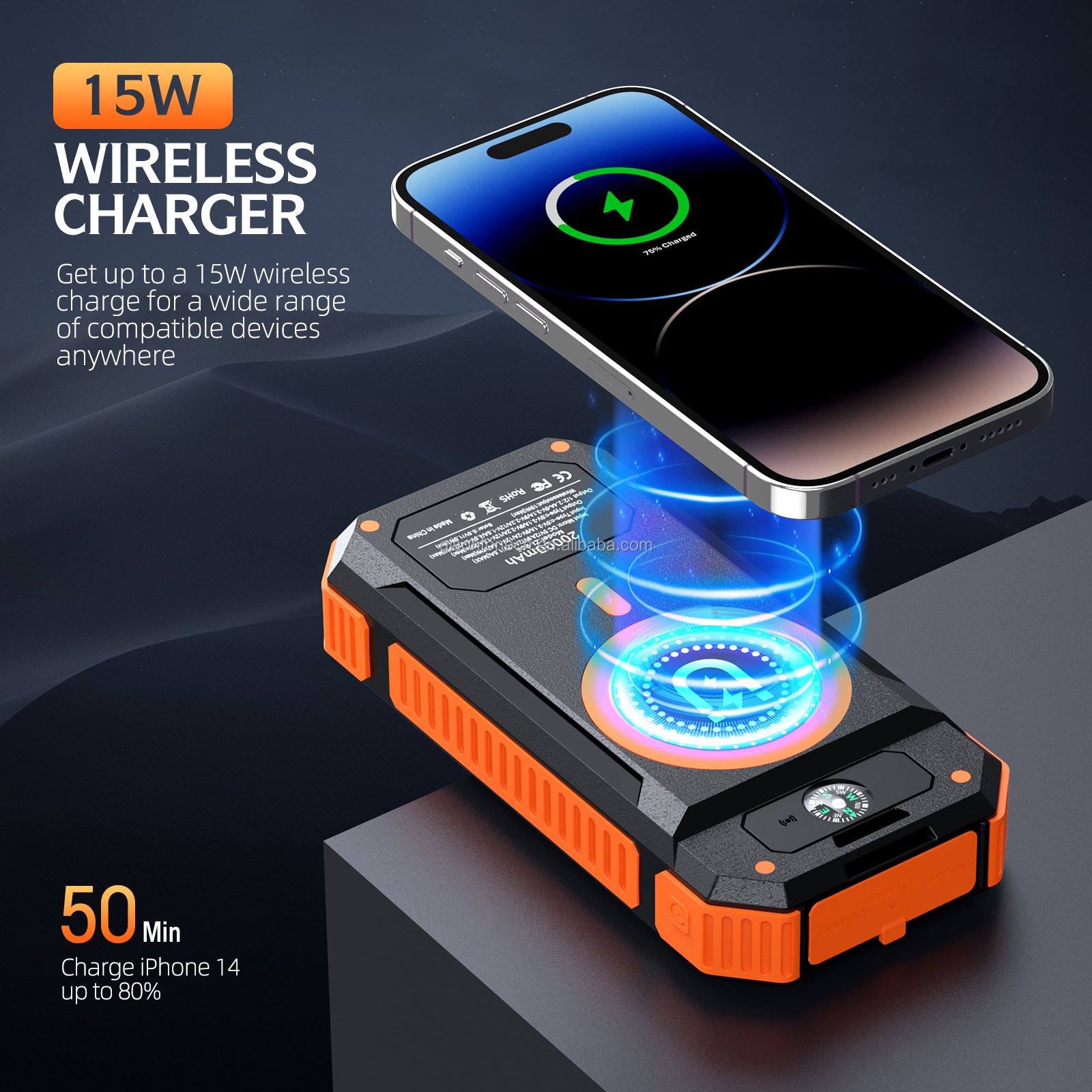 QSF 2024 New Portable Wireless Solar Power Bank 20000mAh With Lamp Handle 4 USB PD 22.5W Solar Panel Power Bank