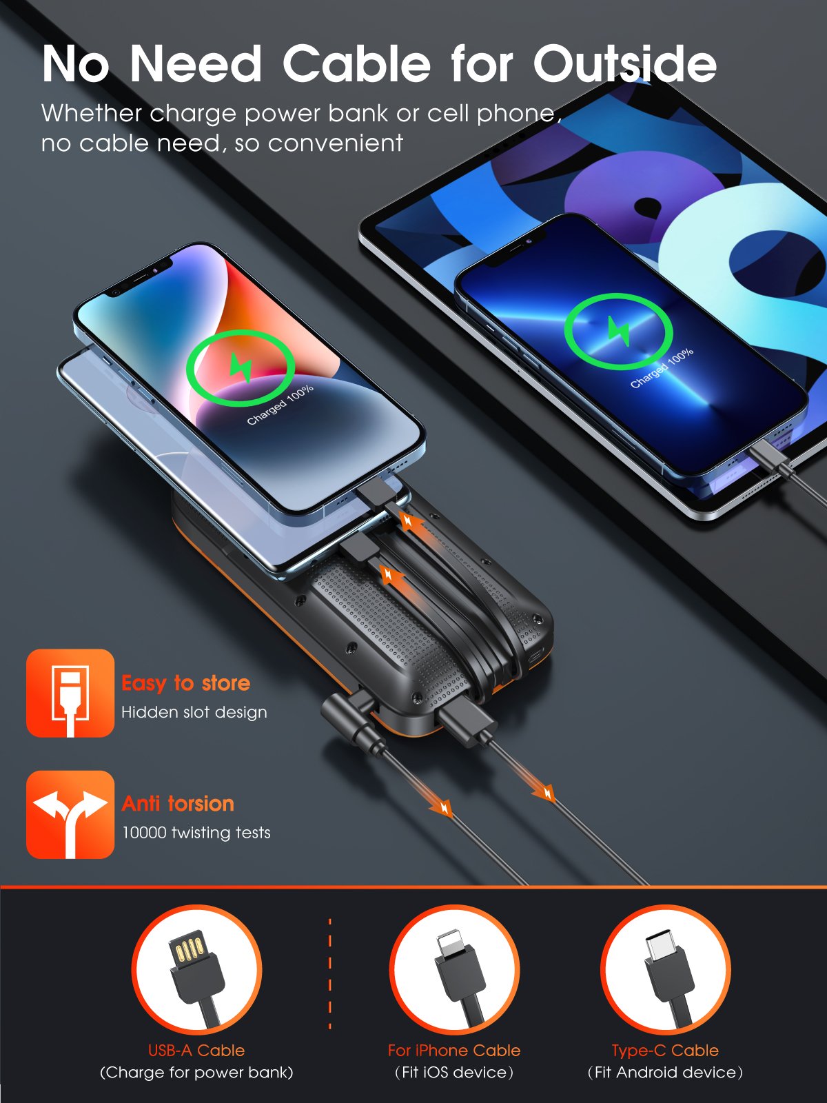 Solar Power Bank 20000mAh Charger Waterproof New 2024 Products Fast Charging Built-In Cable Portable Outdoor Power Bank Solar