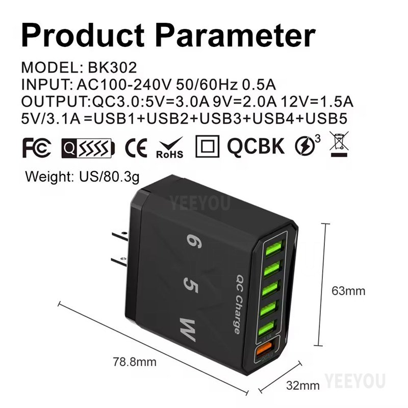 Hot Selling Fast Quick 6 USB Wall Charger Power USB Wall Adapter 65W quick charging EU US UK Plug Portable Travel Power Adapter