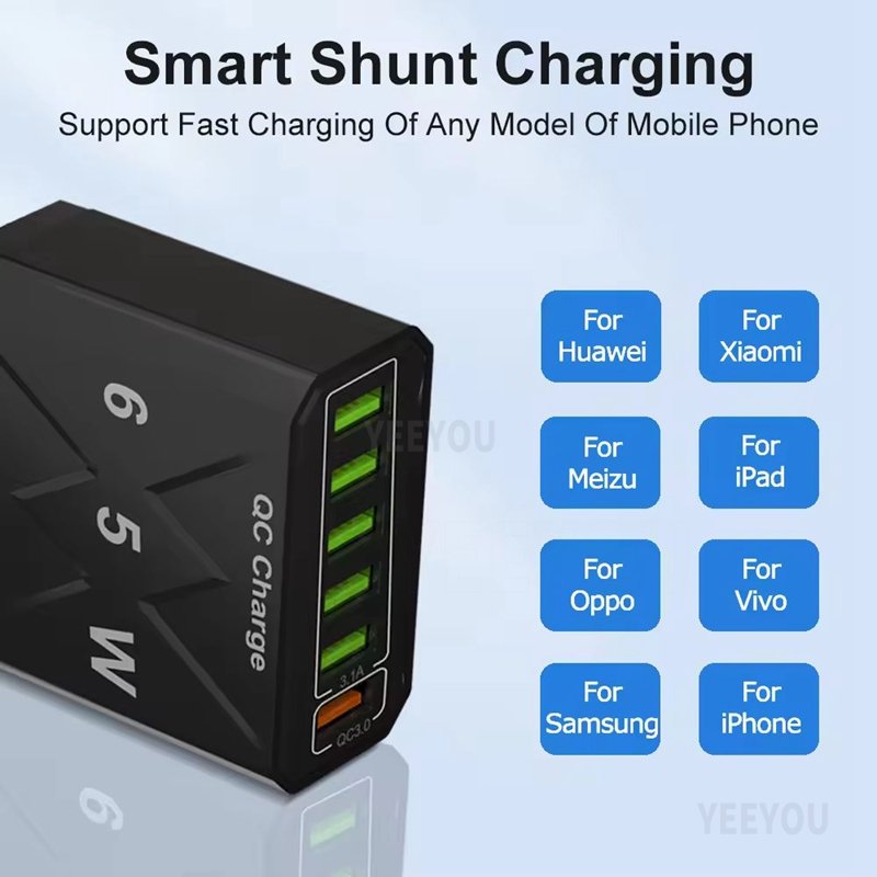 Hot Selling Fast Quick 6 USB Wall Charger Power USB Wall Adapter 65W quick charging EU US UK Plug Portable Travel Power Adapter