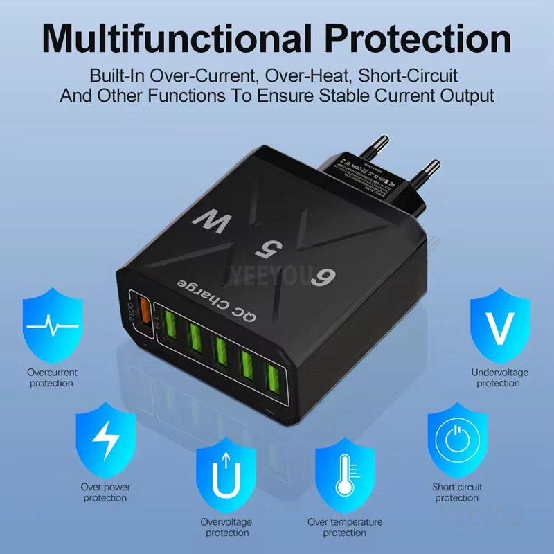 Hot Selling Fast Quick 6 USB Wall Charger Power USB Wall Adapter 65W quick charging EU US UK Plug Portable Travel Power Adapter