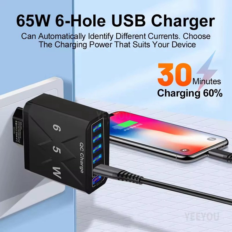 Hot Selling Fast Quick 6 USB Wall Charger Power USB Wall Adapter 65W quick charging EU US UK Plug Portable Travel Power Adapter