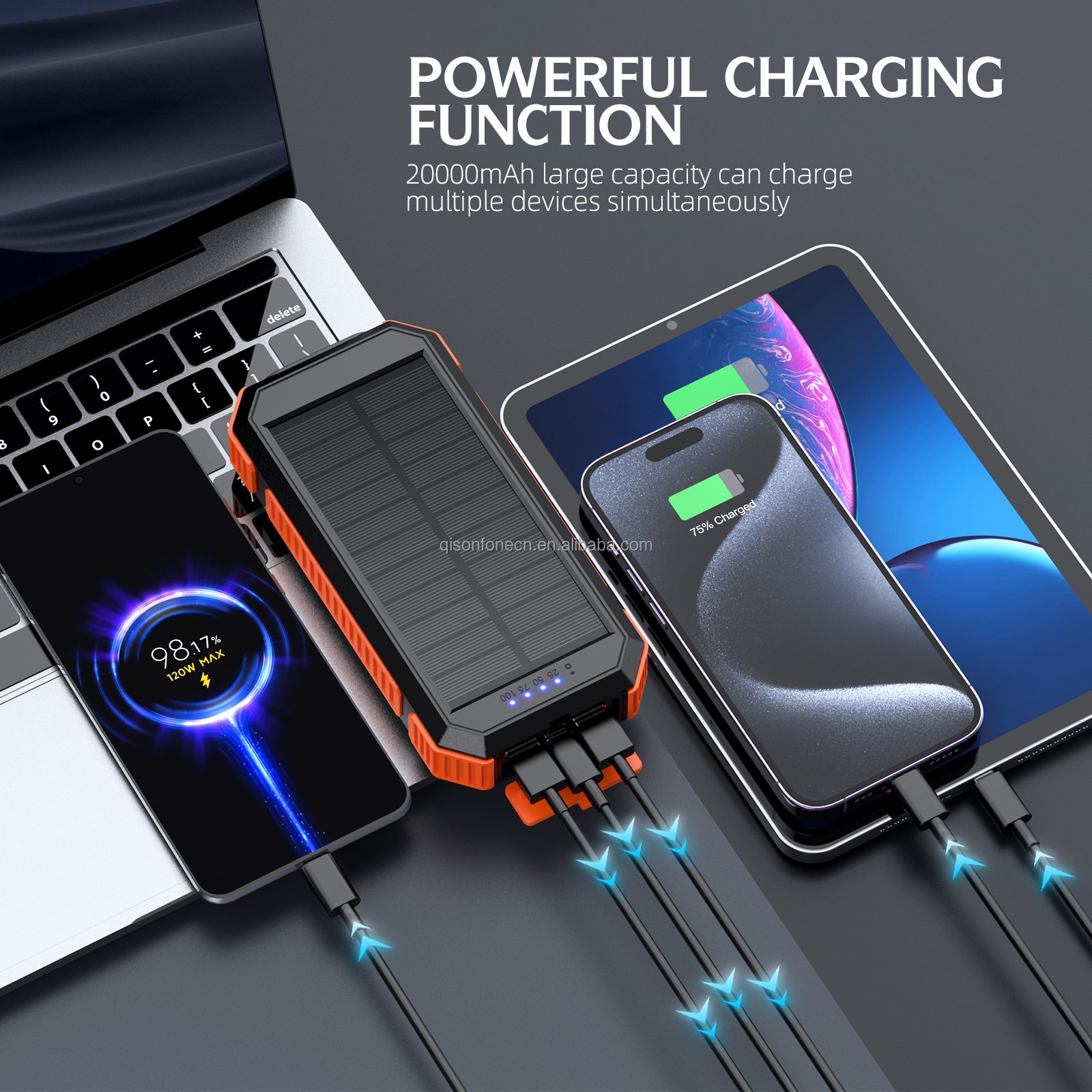 Custom logo rohs 20 000 mah powerbank portable usb c external pack battery charger waterproof solar power bank for mobile phone