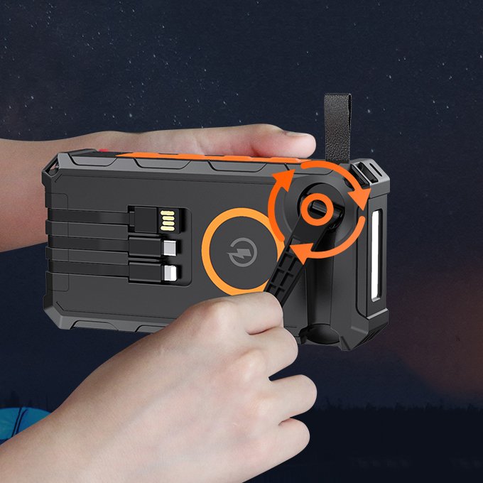36800mah Solar Charger Power Bank, Hand Crank Flashlight Portable Phone Charger 3 in 1 solar panel with built-in cable