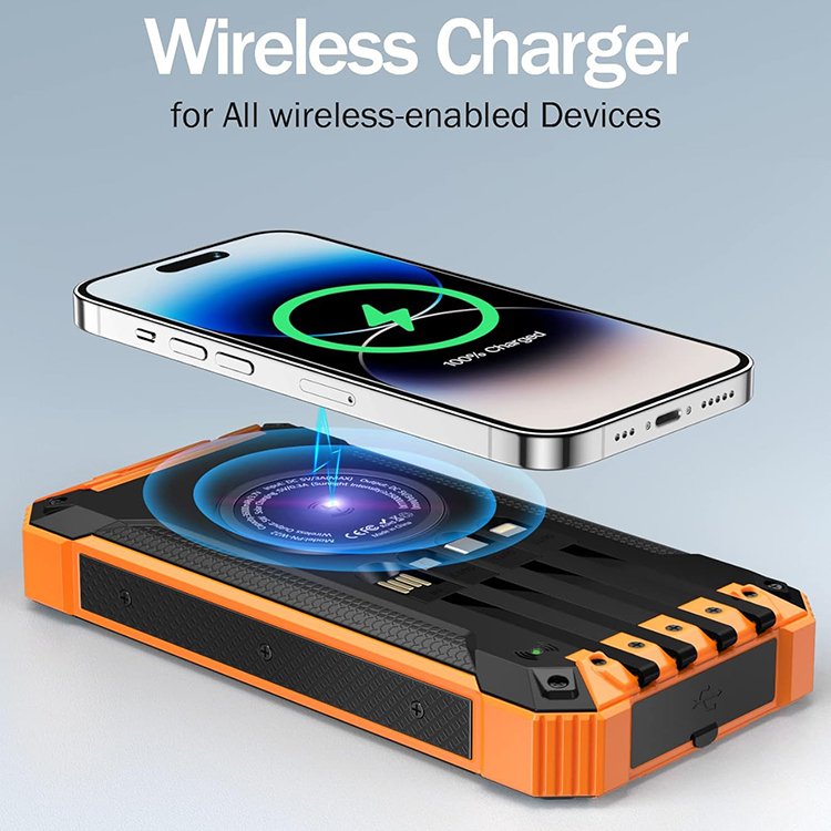 Wireless Charger 36000mAh Built in 4 Cables 15W Fast Charging Power Bank for All Mobile Devices Solar Portable Charger