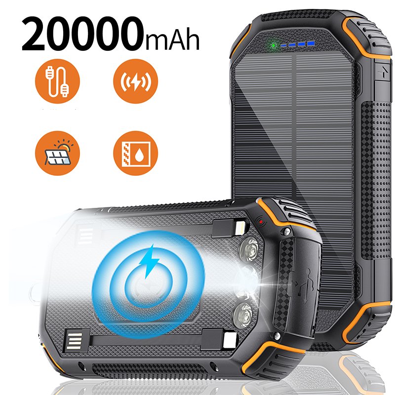 IPX6 Waterproof Solar Power Bank Solar Charger Waterproof 20000mah Power Bank Portable 5W wireless charging smart phones