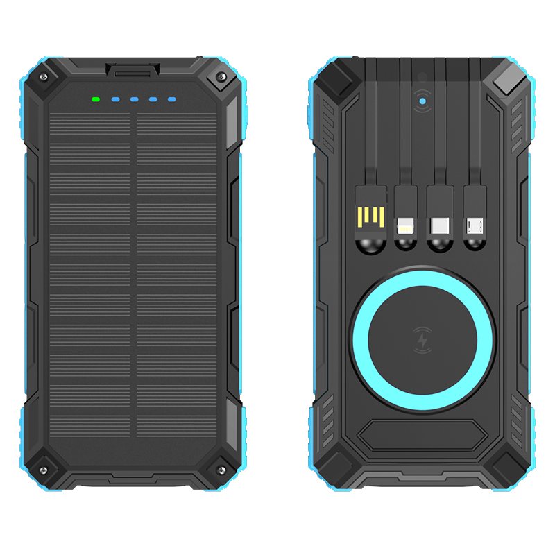 High Capacity 20000 mah Outdoor Solar Power Bank Waterproof Dustproof Anti-Drop Emergency Battery Pack Charger 4 Built-in Cables