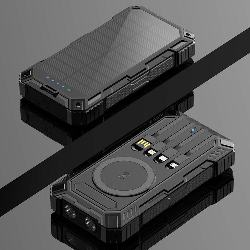 High Capacity 20000 mah Outdoor Solar Power Bank Waterproof Dustproof Anti-Drop Emergency Battery Pack Charger 4 Built-in Cables