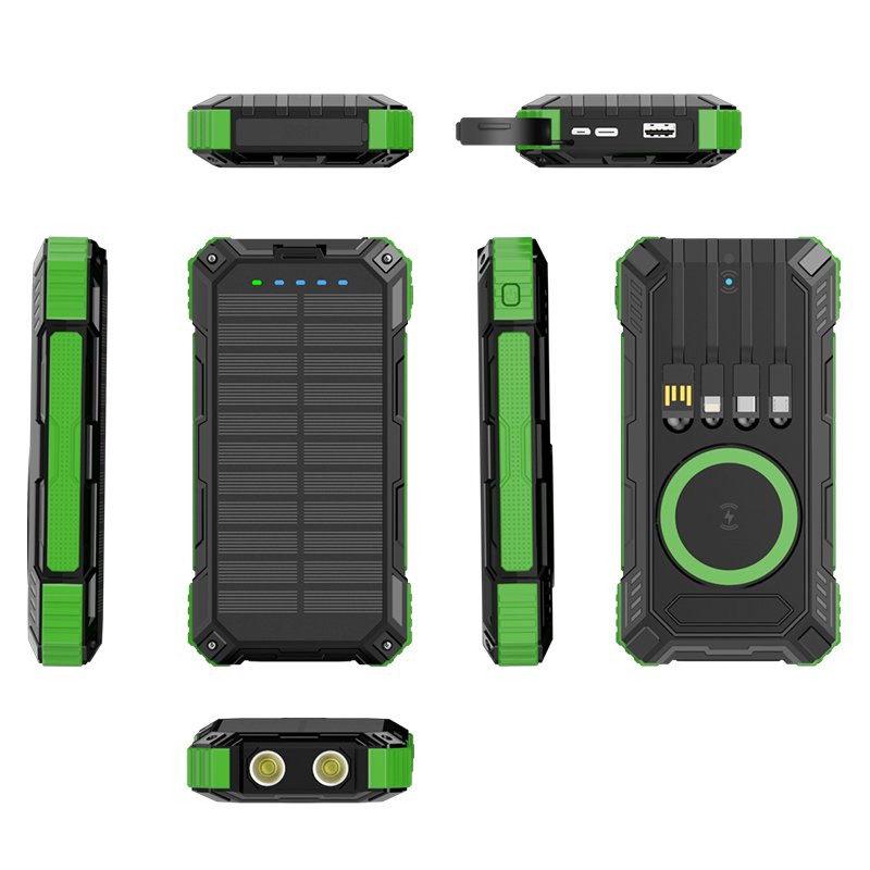 High Capacity 20000 mah Outdoor Solar Power Bank Waterproof Dustproof Anti-Drop Emergency Battery Pack Charger 4 Built-in Cables