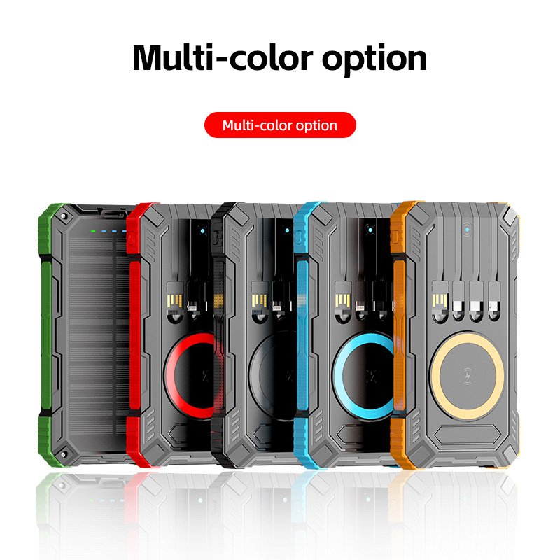 High Capacity 20000 mah Outdoor Solar Power Bank Waterproof Dustproof Anti-Drop Emergency Battery Pack Charger 4 Built-in Cables