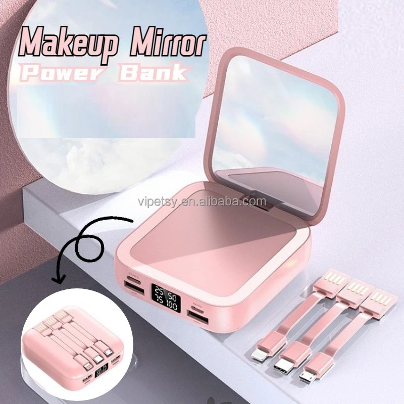 20000 mAh makeup mirror mini power bank with large capacity built-in cable fast charging portable power bank