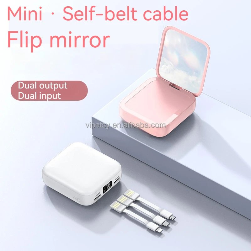 20000 mAh makeup mirror mini power bank with large capacity built-in cable fast charging portable power bank