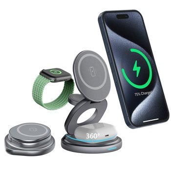 360 Rotating Excellent 3-in-1 Folding Metallic Wireless Charger Chargeur Sans Fil Fast Charging Zinc Alloy