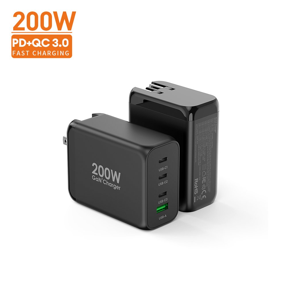 GaN Tech 4 Ports 200W USB C PD 100W 30W USB-A QC3.0 30W GaN Charger for MacBook Laptop