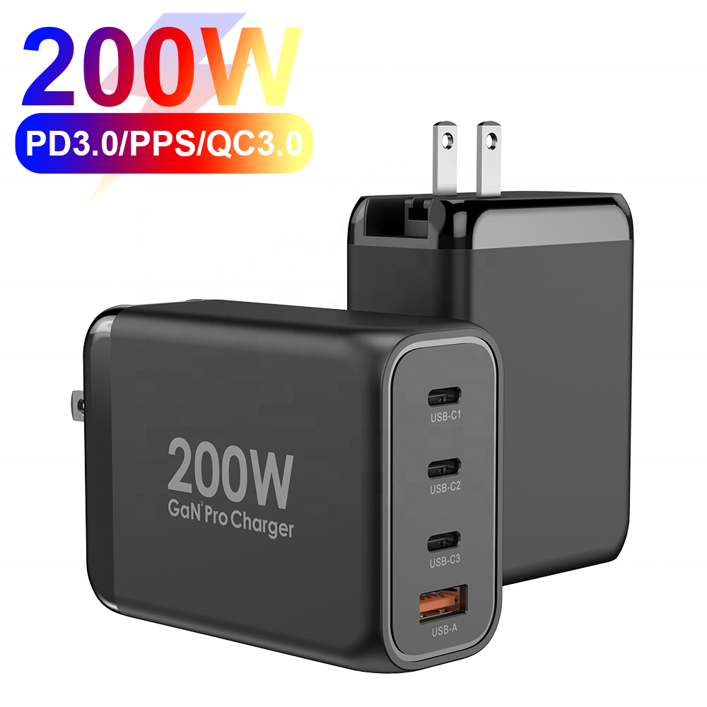GaN Tech 4 Ports 200W USB C PD 100W 30W USB-A QC3.0 30W GaN Charger for MacBook Laptop