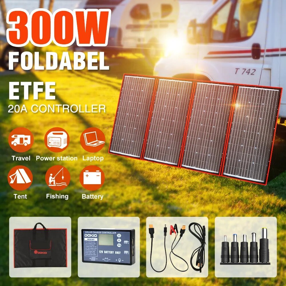 Dokio 18V 300W Flexible Portable Foldable Folding Solar Panels Kit Blanket Outdoor 12V Charger Power Station Trickle Maintainer