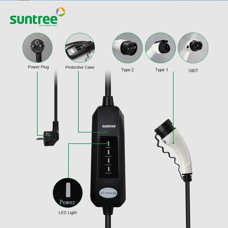 Suntree 7KW Vehicle Solar Battery Charger 16A Type1/Type2/GBT Plug Portable EV Charger With CE Approval