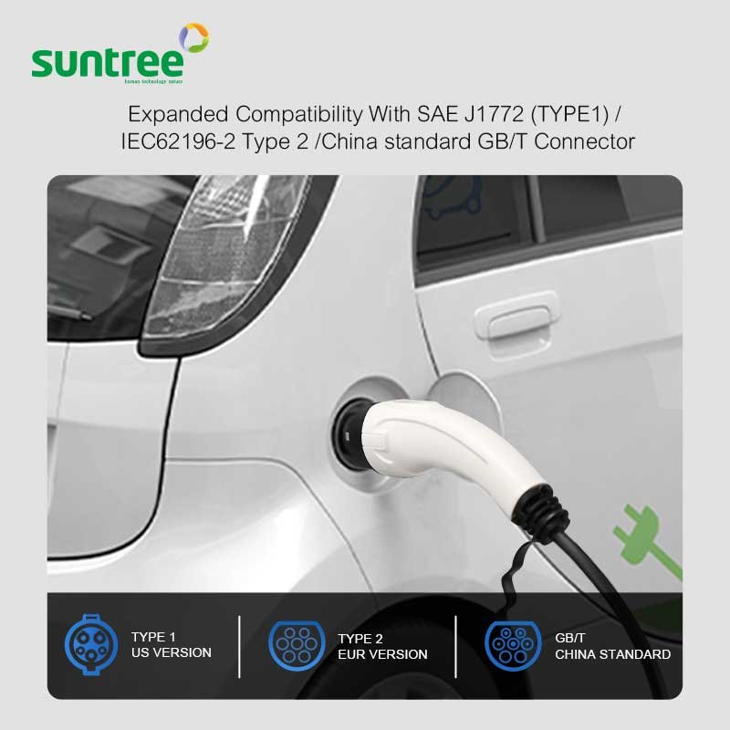 Suntree 7KW Vehicle Solar Battery Charger 16A Type1/Type2/GBT Plug Portable EV Charger With CE Approval