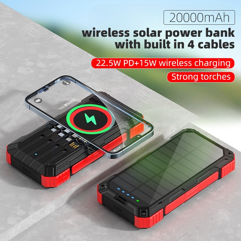 Solar Charger High Efficiency Portable Power Bank 20000mah With PD 22.5w Cables Wireless Charging For Mobile Phone Powerbank