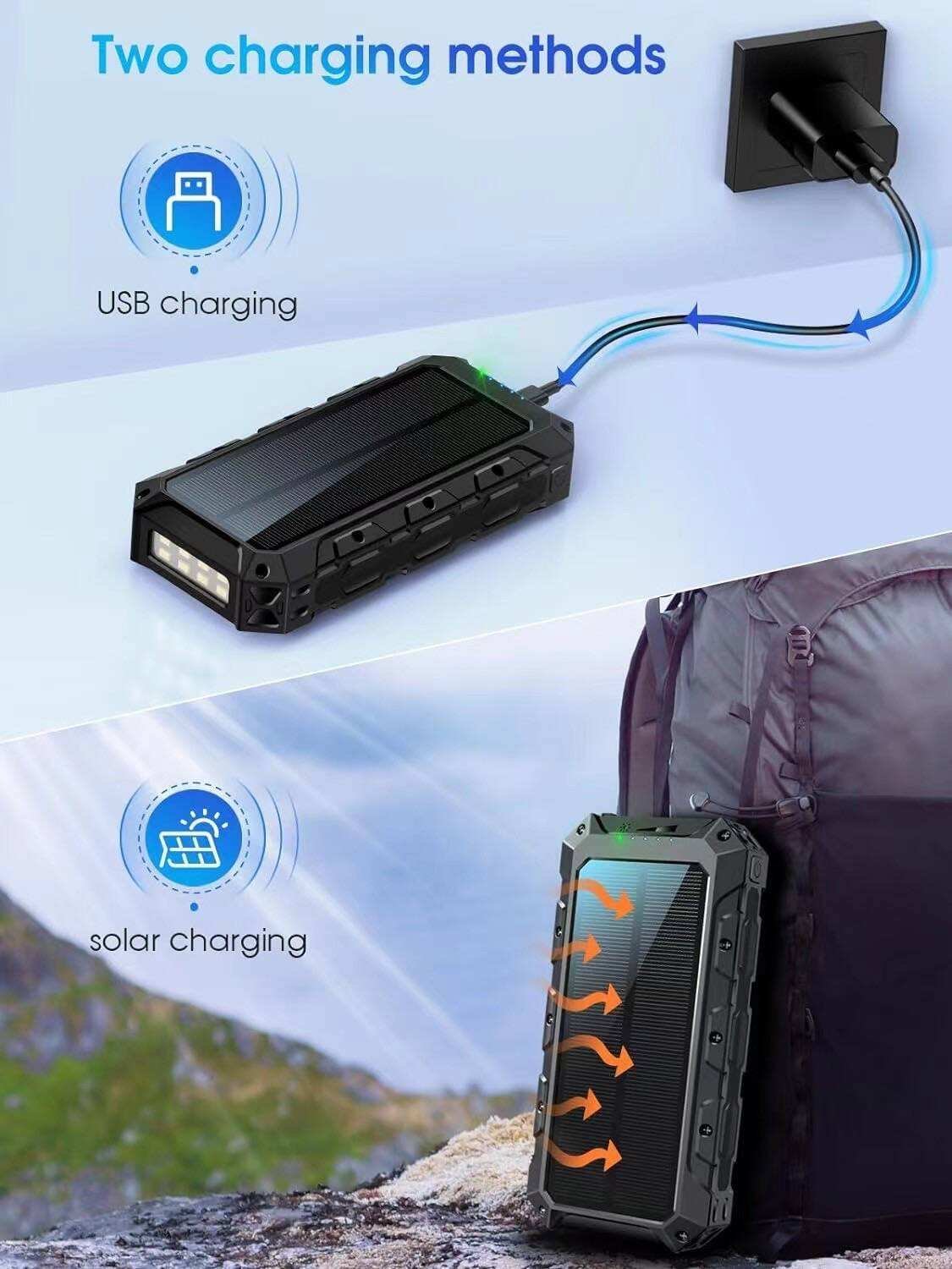 Built in cable power bank 30000mah Solar charger wireless pd fast charging Portable Solar Charging Waterproof Power Bank