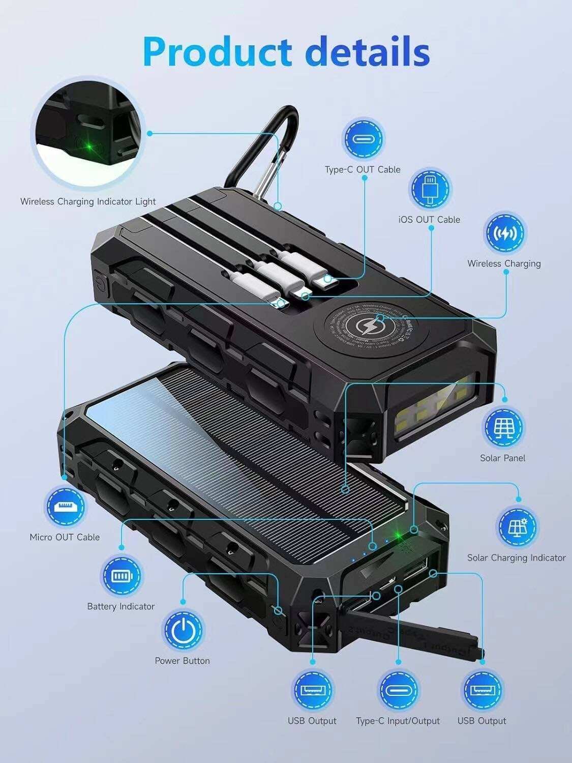 Built in cable power bank 30000mah Solar charger wireless pd fast charging Portable Solar Charging Waterproof Power Bank