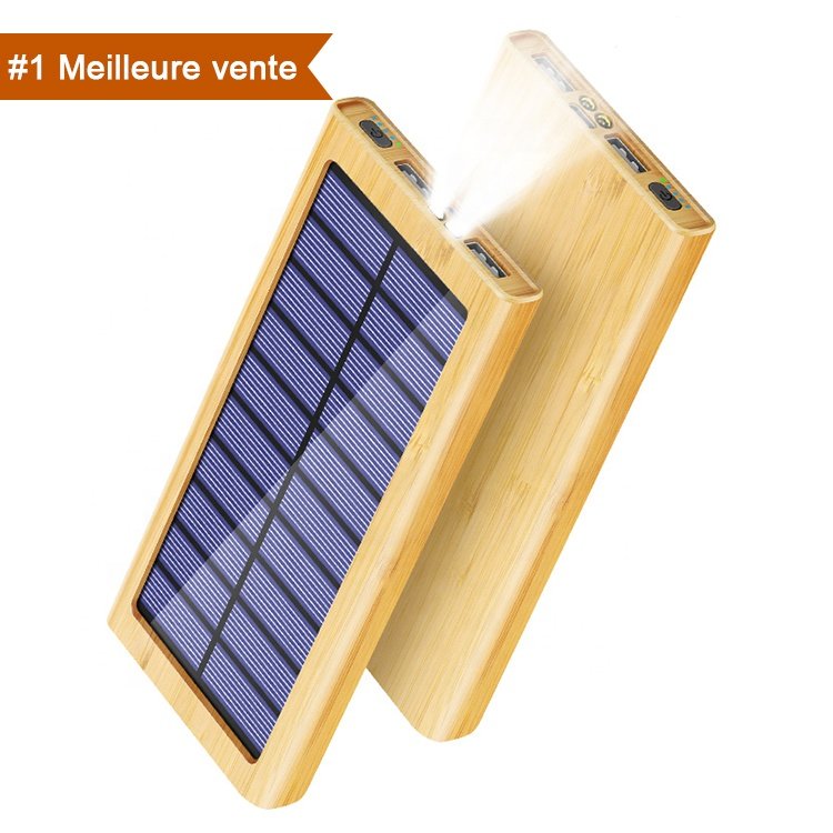 Solar Power Bank 20000Mah With Solar Panel Portable Charger External Battery Cargador Portatil Power Bank Bamboo Powerbank