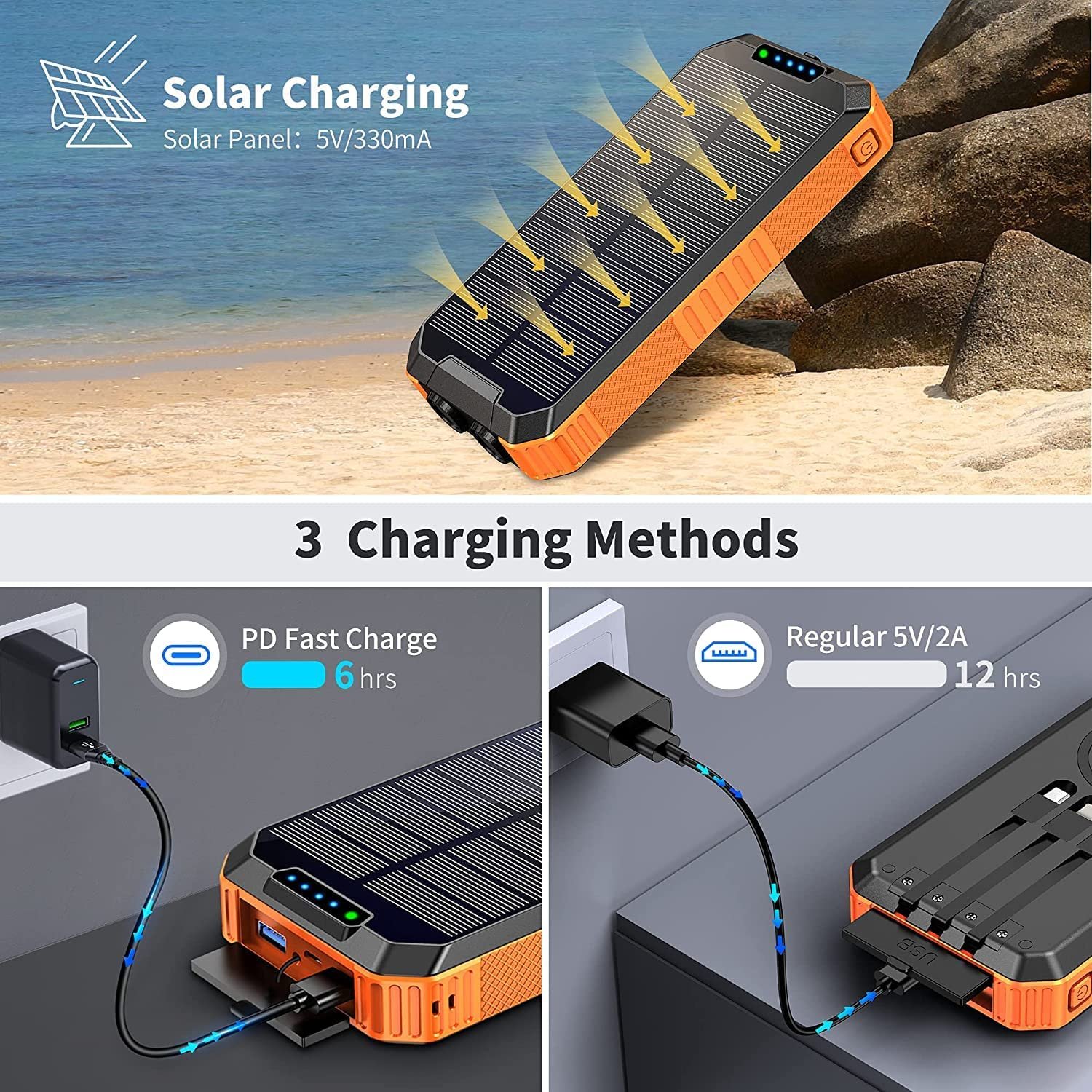Waterproof 30000mah qc3.0 External Battery Pack Type C Input Output Dual Super Bright Flash portable solar charger power bank